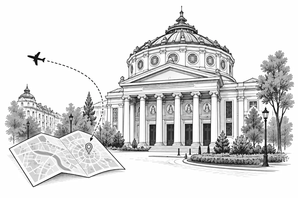 Black-and-white illustration of Bucharest architecture, a map and flight route.