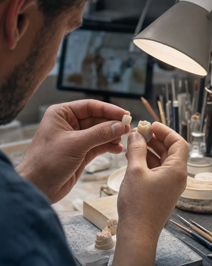 Ceramic crowns and veneers on the bench at the laboratory.